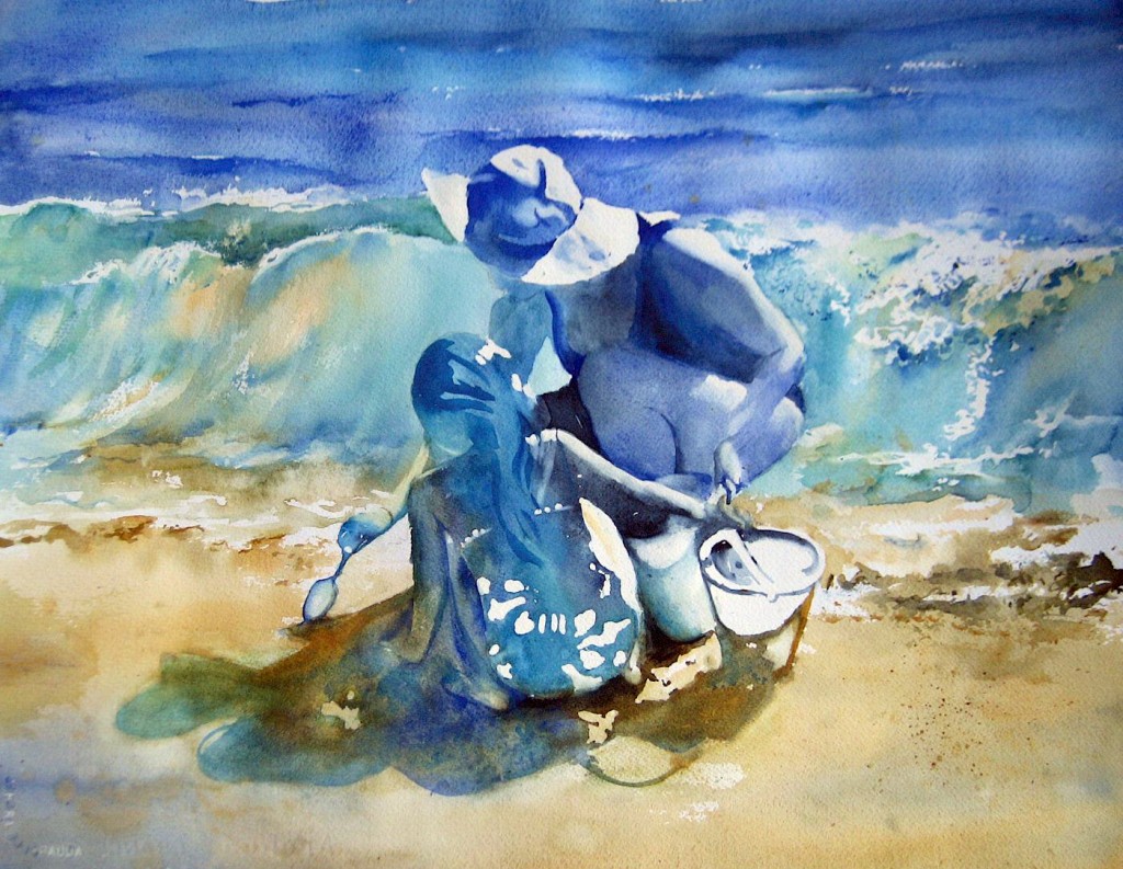 Mother Daughter Beach Original Watercolor Painting