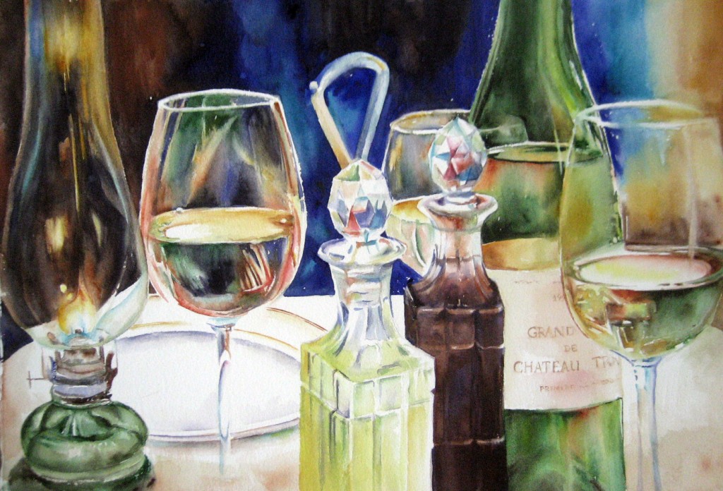 Wineglasses, dinner table,  oil lamp