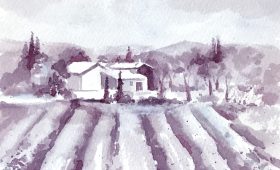 Wine Painting of Lavender Fields
